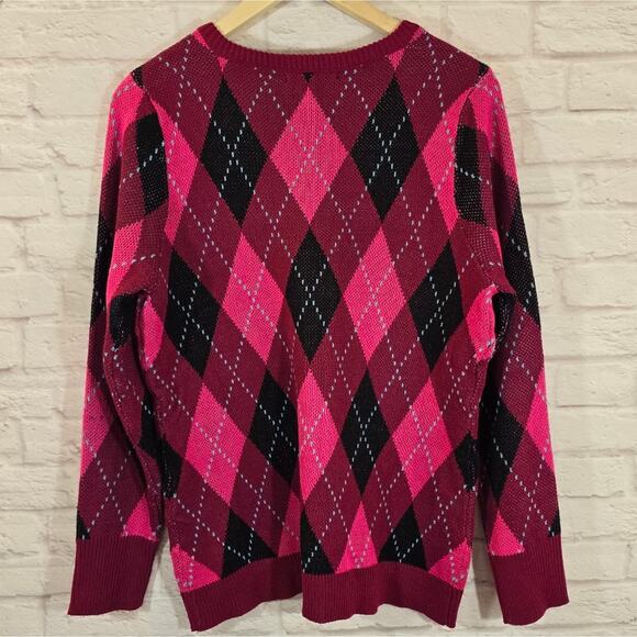 M New York & Company Essential V-Neck Sweater Magenta Pink Argyle Size M Preppy - Picture 4 of 8
